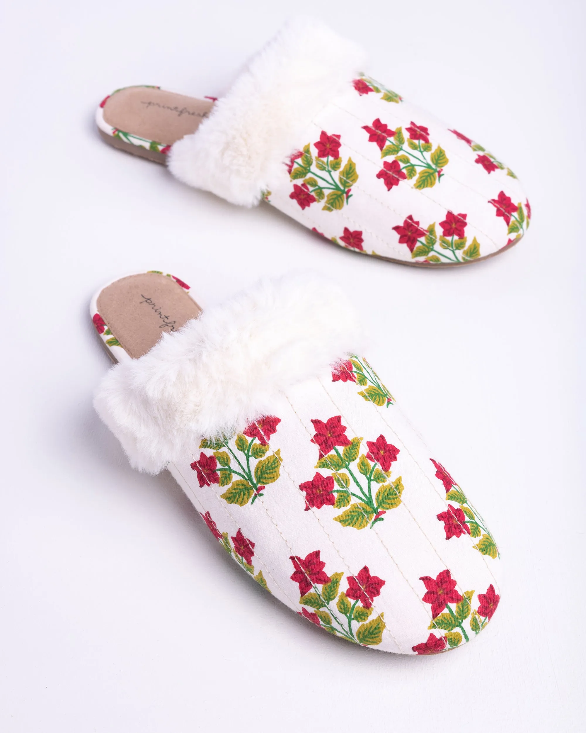 Pretty in Poinsettia - Quilted Faux Fur Slippers - Cream