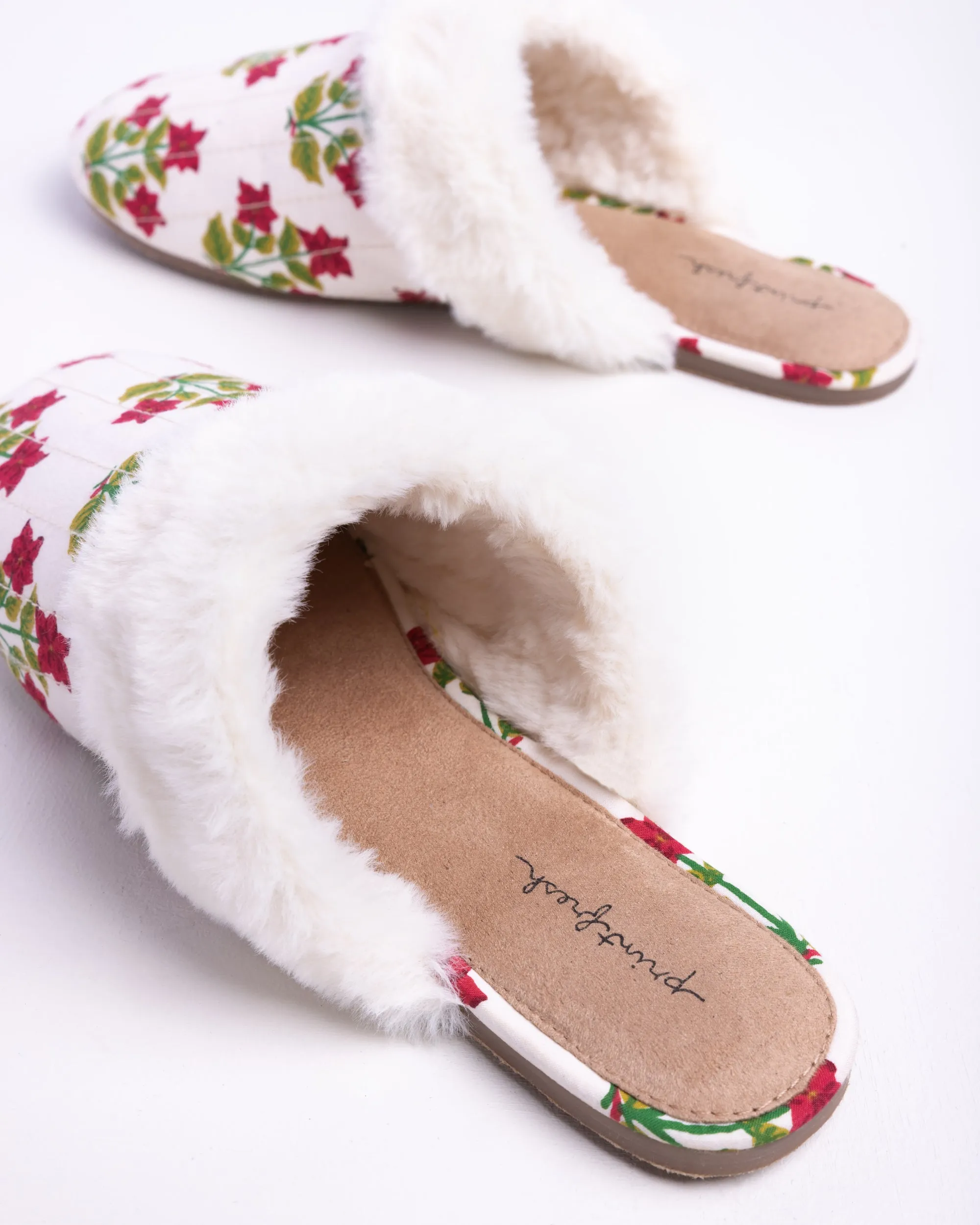 Pretty in Poinsettia - Quilted Faux Fur Slippers - Cream