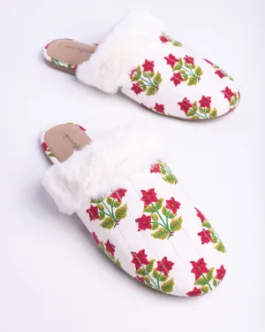 Pretty in Poinsettia - Quilted Faux Fur Slippers - Cream