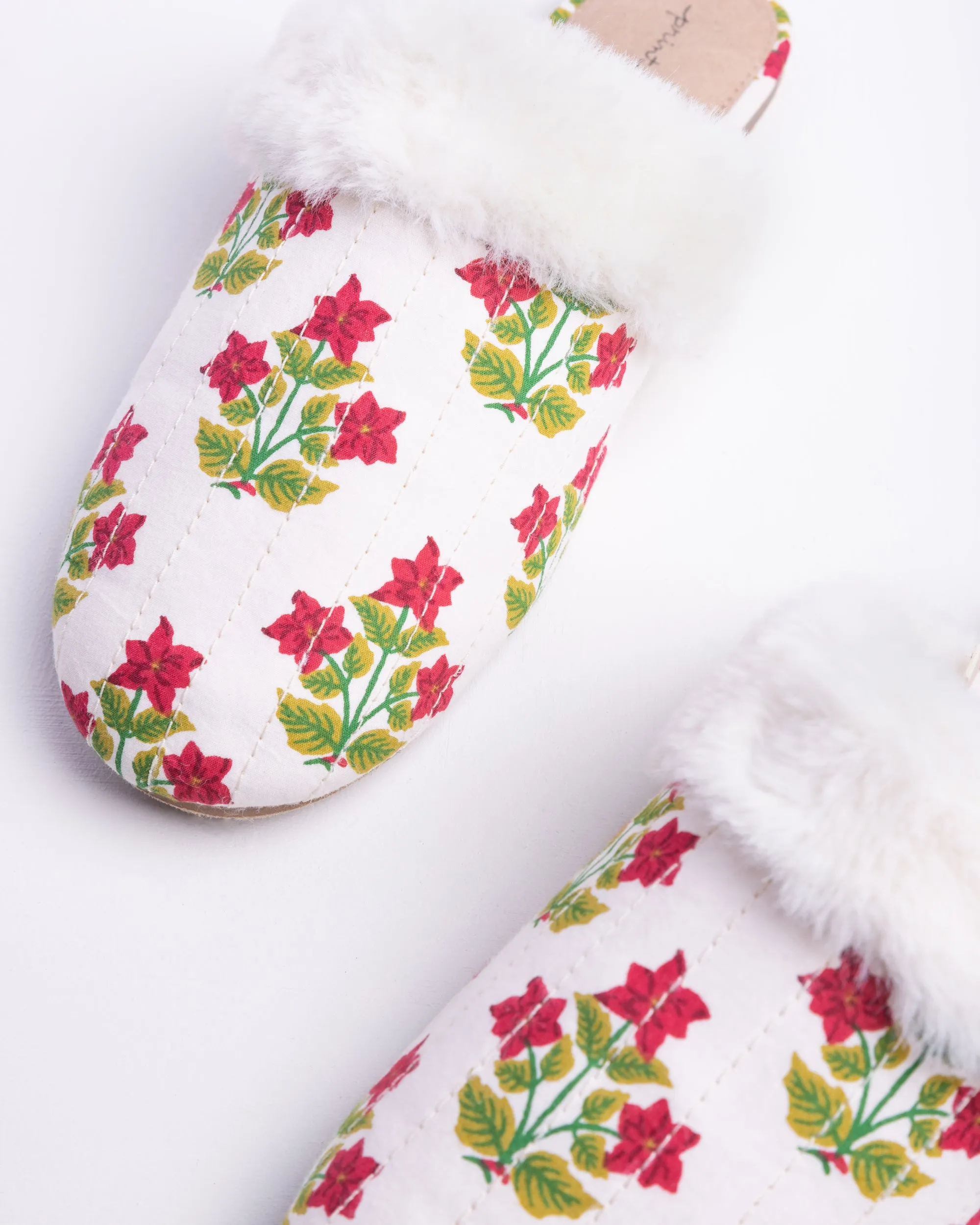 Pretty in Poinsettia - Quilted Faux Fur Slippers - Cream