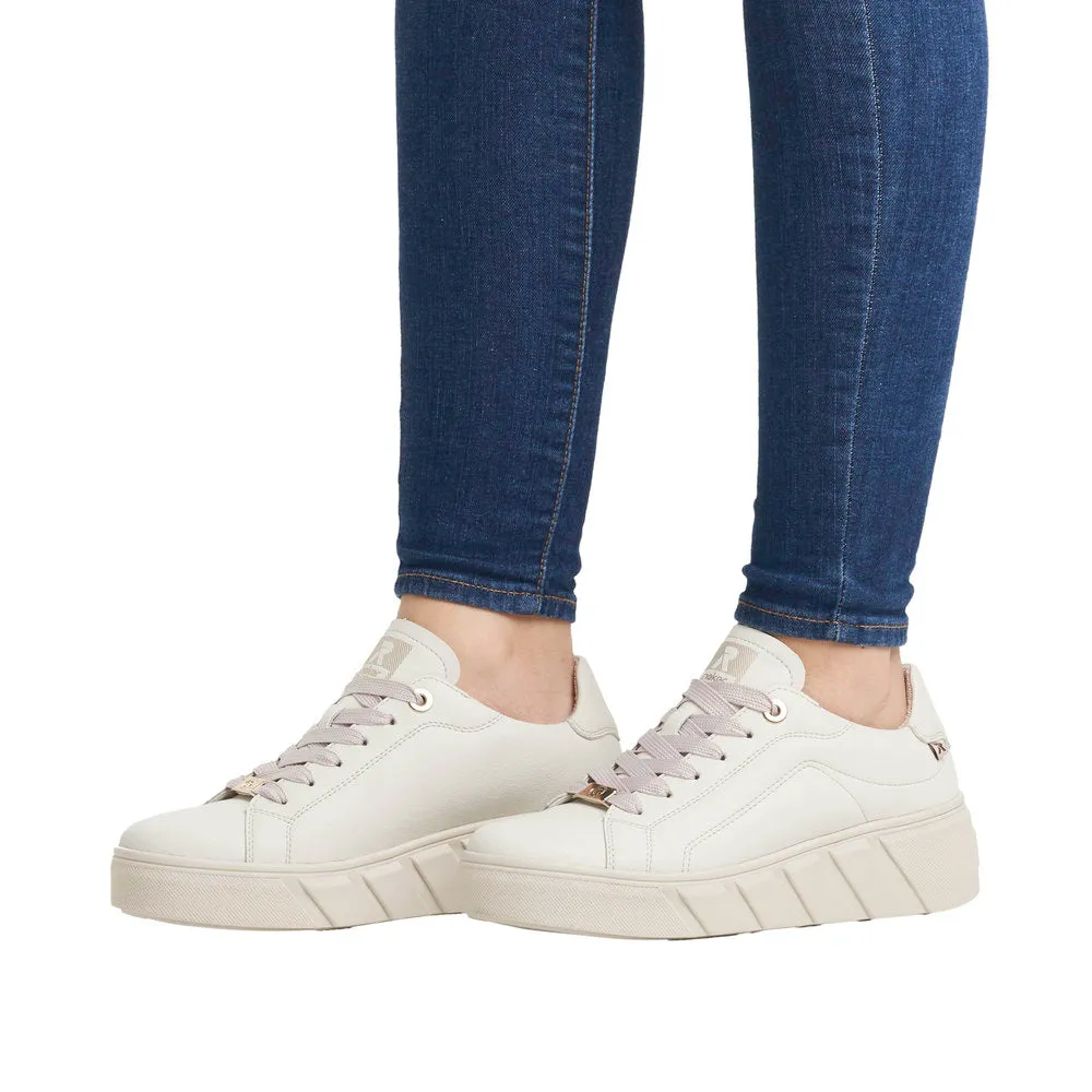 Rieker W0503-80  Ladies Off White Leather Lace Up Trainers
