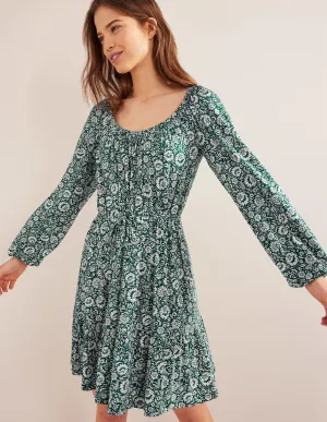 Scoop Tiered Jersey Mini Dress-Bottle Green, Bloom Cascade