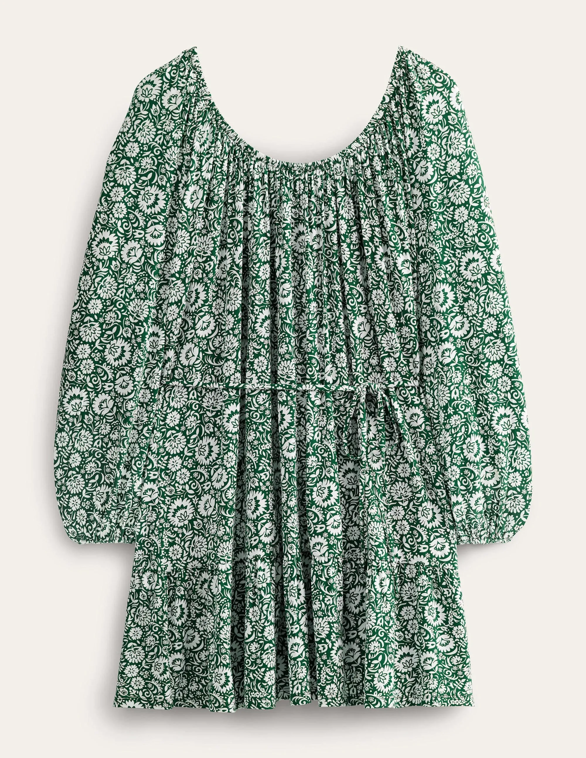 Scoop Tiered Jersey Mini Dress-Bottle Green, Bloom Cascade