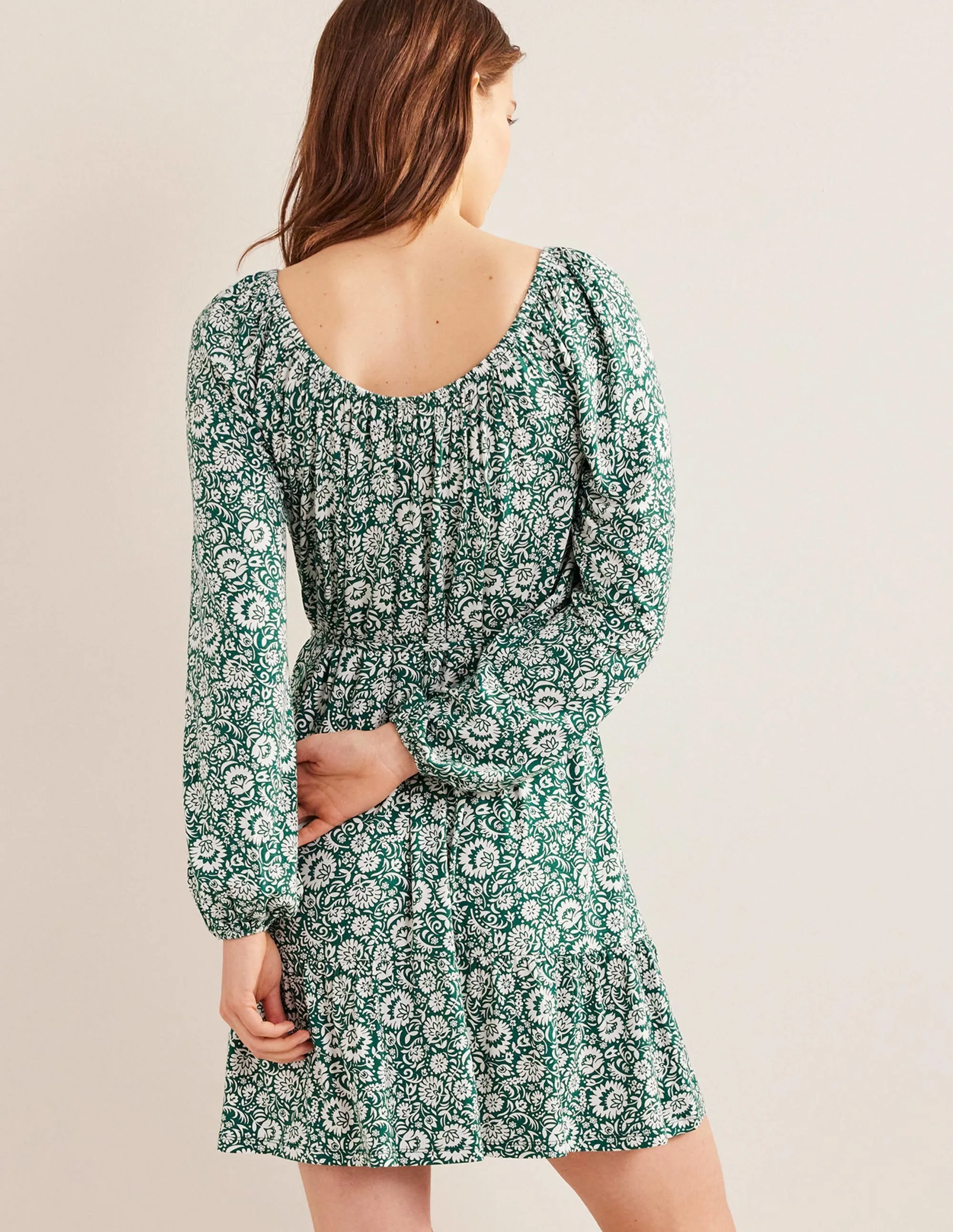 Scoop Tiered Jersey Mini Dress-Bottle Green, Bloom Cascade