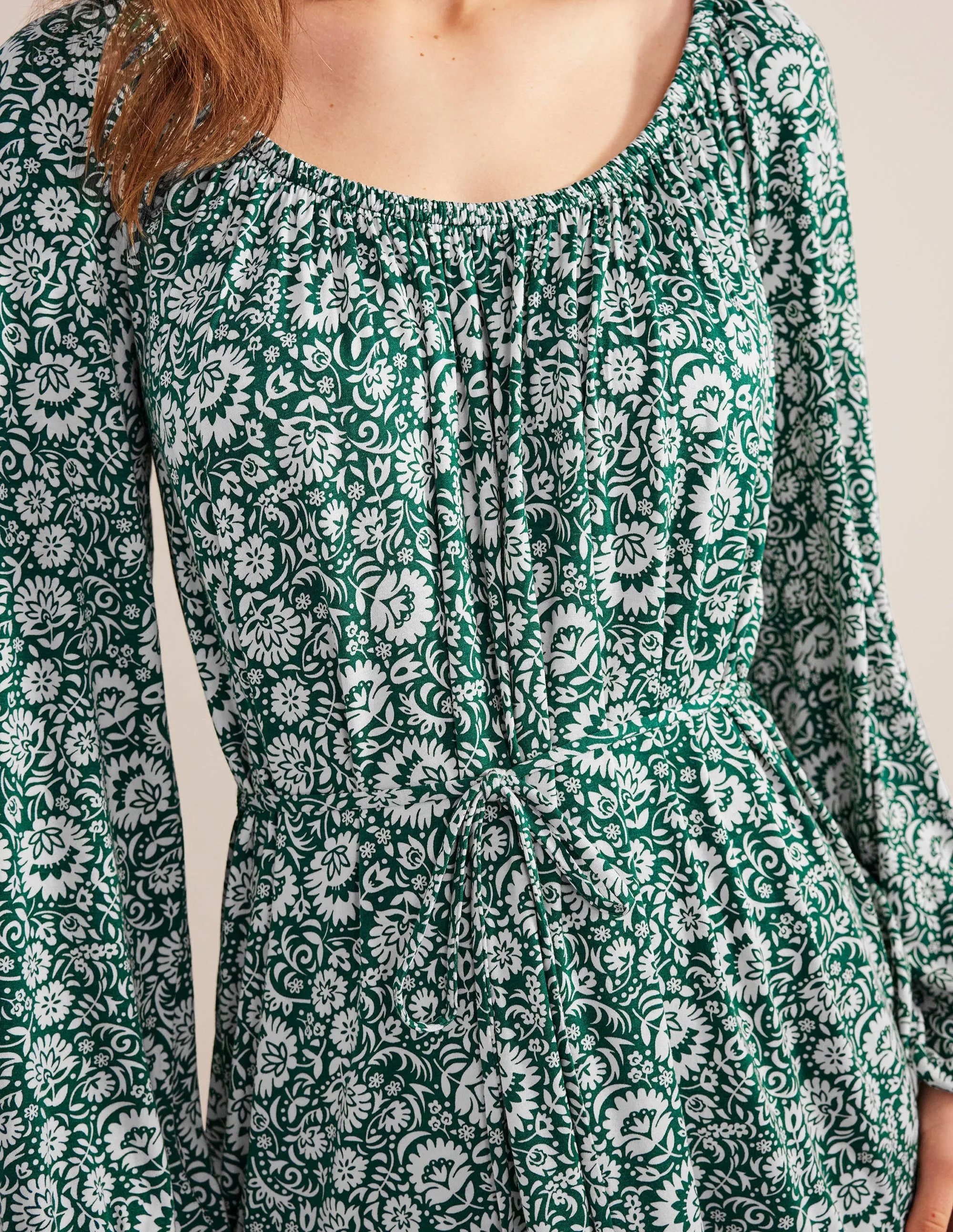 Scoop Tiered Jersey Mini Dress-Bottle Green, Bloom Cascade