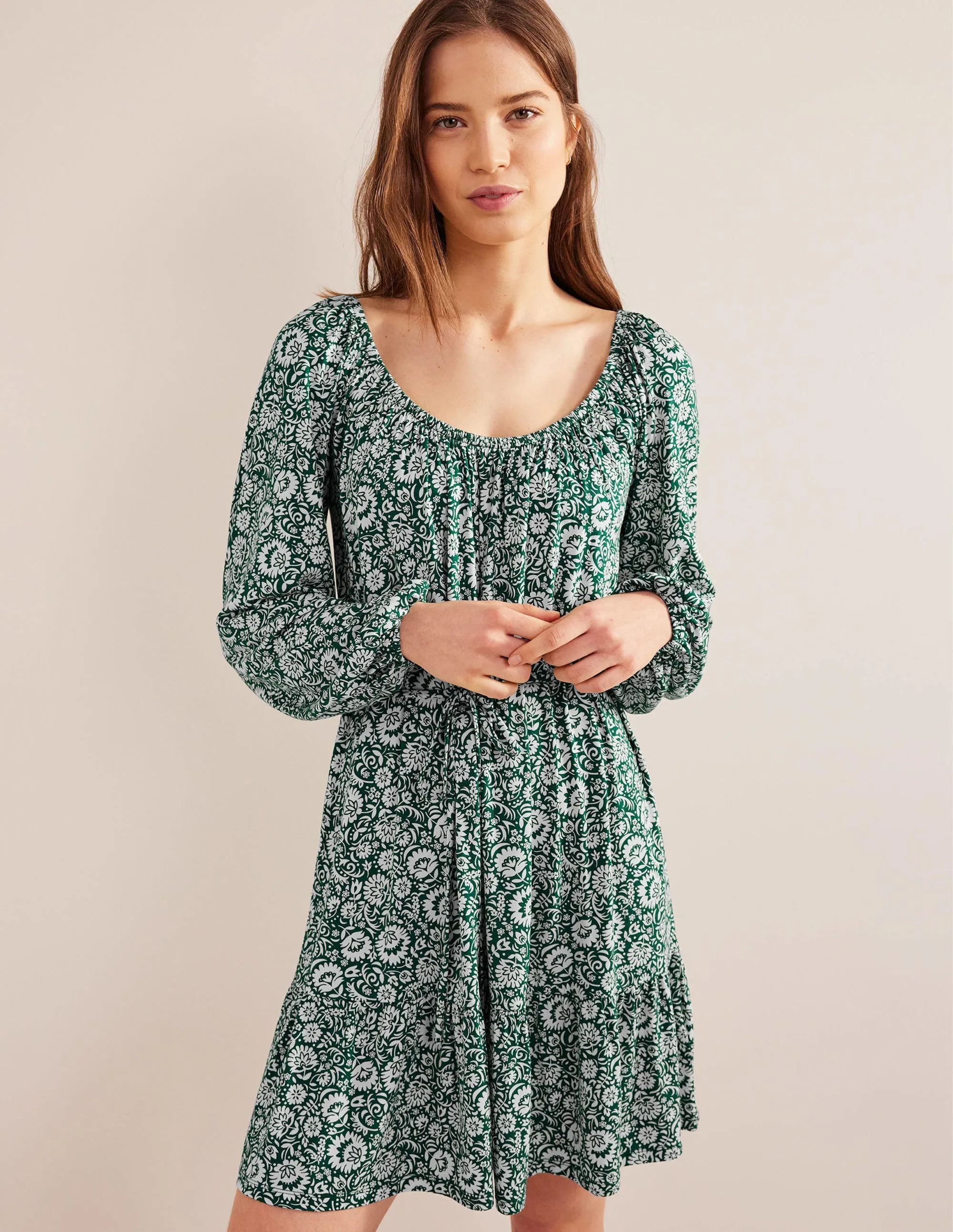 Scoop Tiered Jersey Mini Dress-Bottle Green, Bloom Cascade