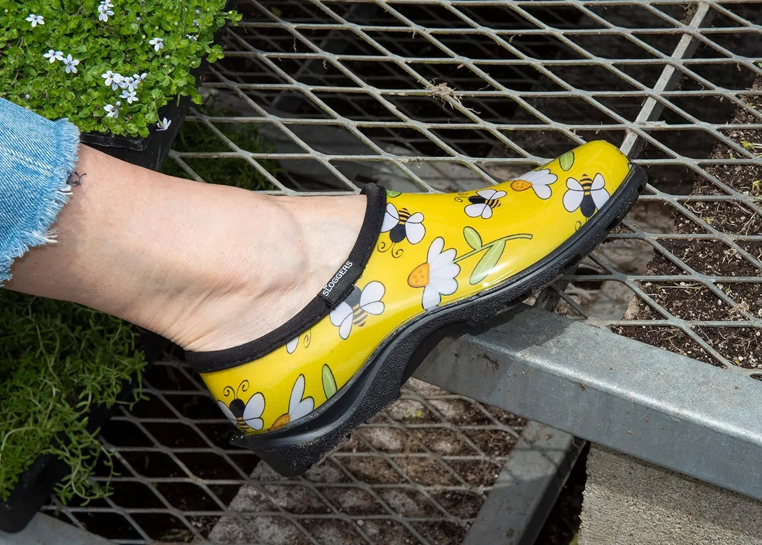 Sloggers Original Waterproof Rain and Garden Shoe for Women Outdoor Slip-On Garden Clog - Made in The USA with Premium Comfort Insole and Arch Support - Bee Print Yellow, Size 9