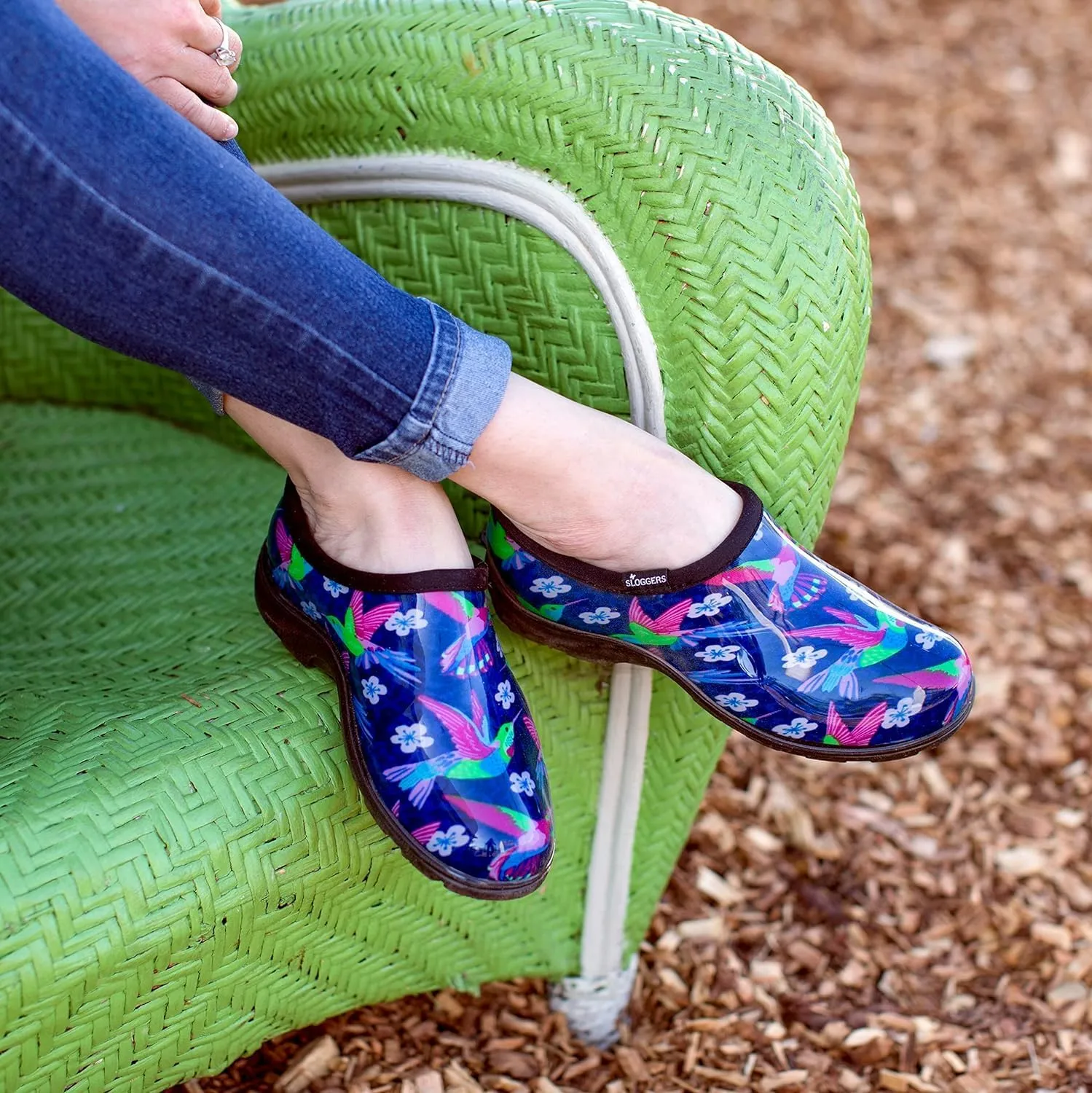 Sloggers Original Waterproof Rain and Garden Shoe for Women Outdoor Slip-On Garden Clog - Made in The USA with Premium Comfort Insole and Arch Support - Blue/Pink Hummingbird Print, Size 6