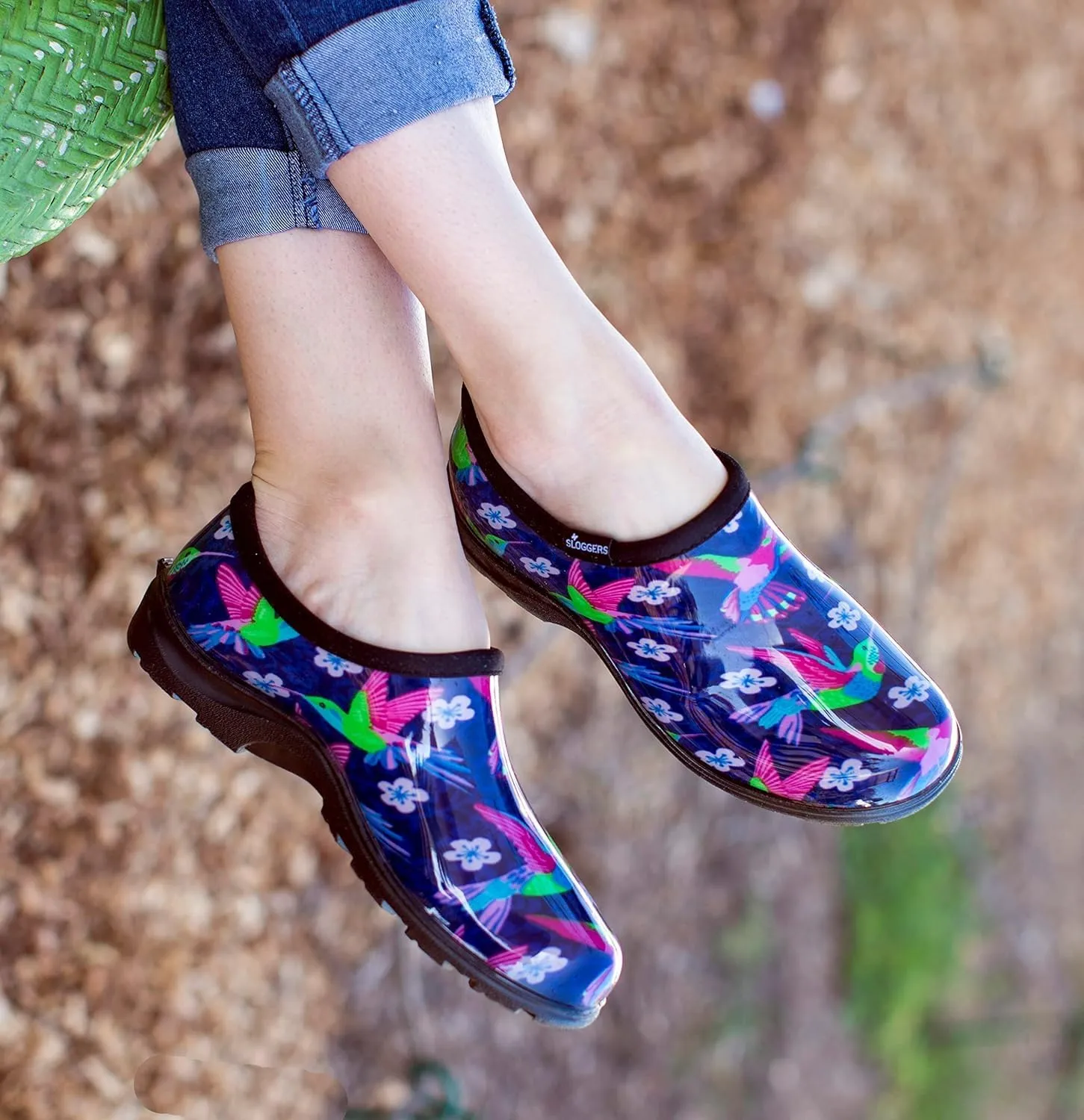 Sloggers Original Waterproof Rain and Garden Shoe for Women Outdoor Slip-On Garden Clog - Made in The USA with Premium Comfort Insole and Arch Support - Blue/Pink Hummingbird Print, Size 6
