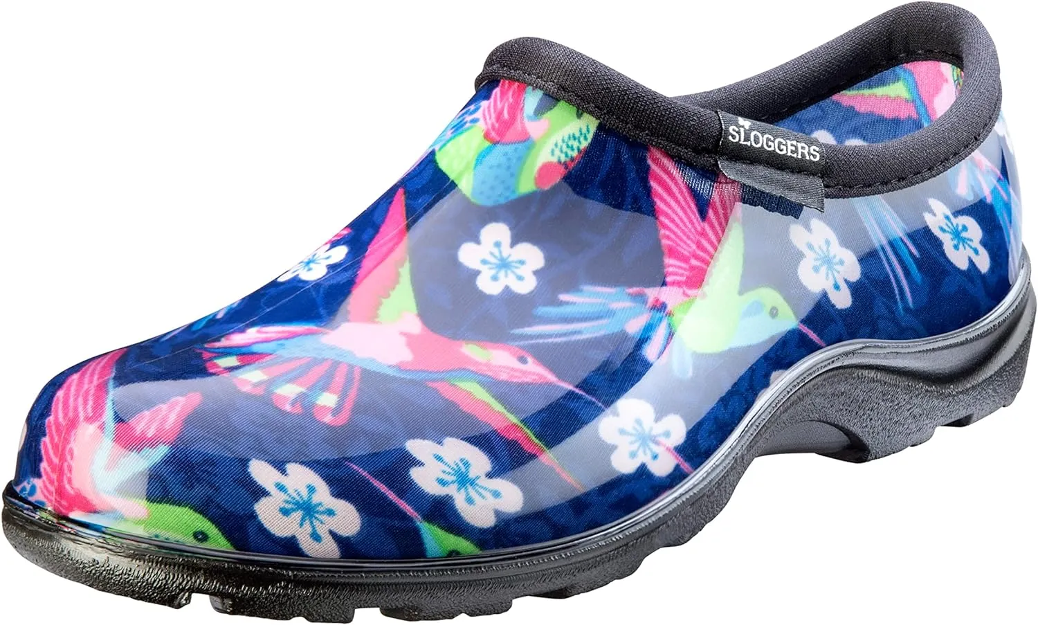 Sloggers Original Waterproof Rain and Garden Shoe for Women Outdoor Slip-On Garden Clog - Made in The USA with Premium Comfort Insole and Arch Support - Blue/Pink Hummingbird Print, Size 6