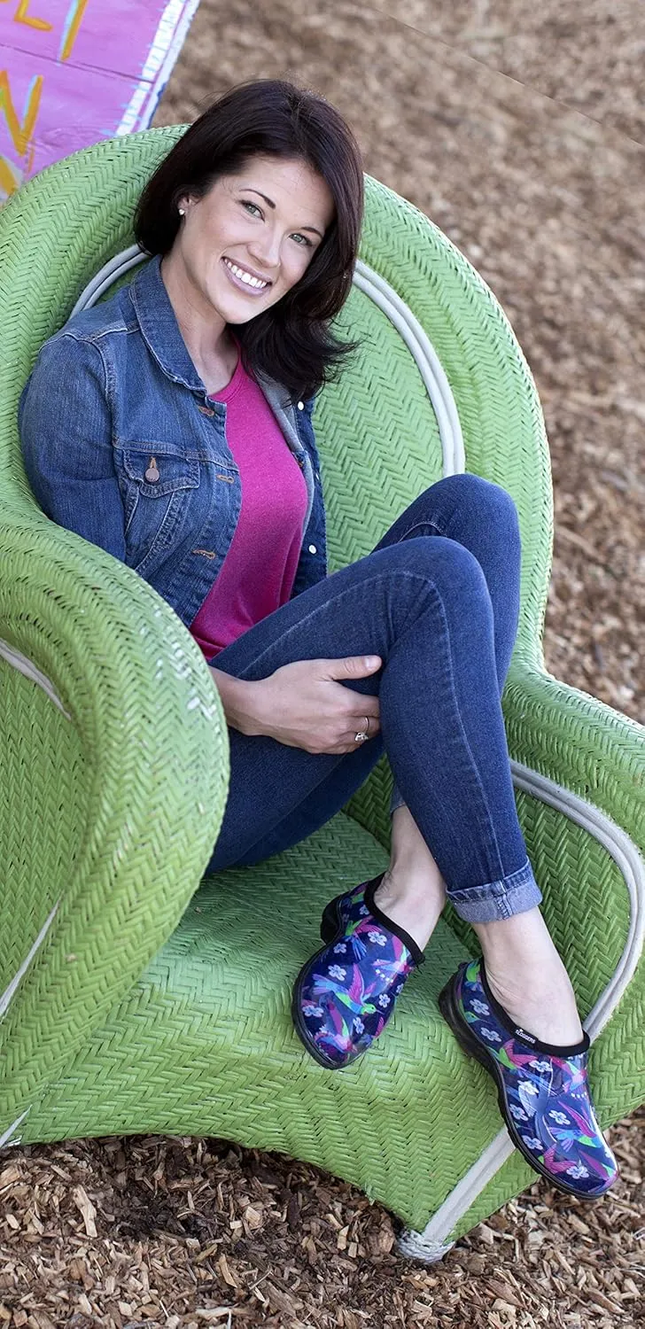 Sloggers Original Waterproof Rain and Garden Shoe for Women Outdoor Slip-On Garden Clog - Made in The USA with Premium Comfort Insole and Arch Support - Blue/Pink Hummingbird Print, Size 6