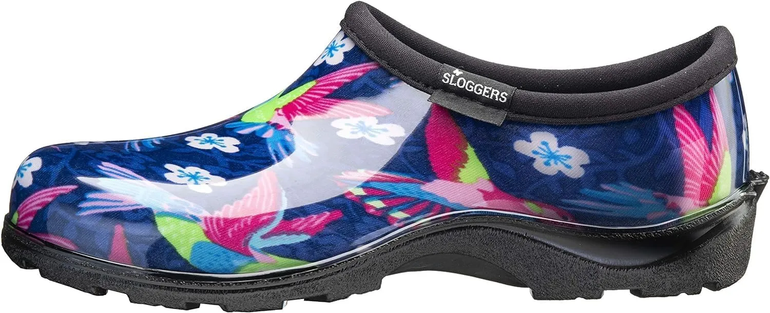 Sloggers Original Waterproof Rain and Garden Shoe for Women Outdoor Slip-On Garden Clog - Made in The USA with Premium Comfort Insole and Arch Support - Blue/Pink Hummingbird Print, Size 6