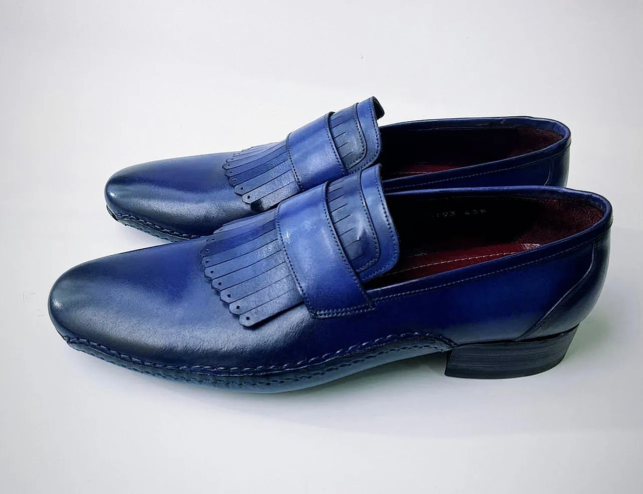 Tucci Di Lusso Mens Royal Blue Hand-welted Italian Calf Skin leather luxury Kiltie Loafers