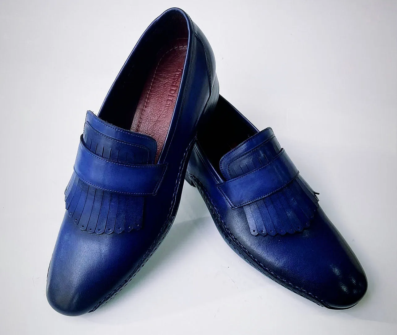 Tucci Di Lusso Mens Royal Blue Hand-welted Italian Calf Skin leather luxury Kiltie Loafers