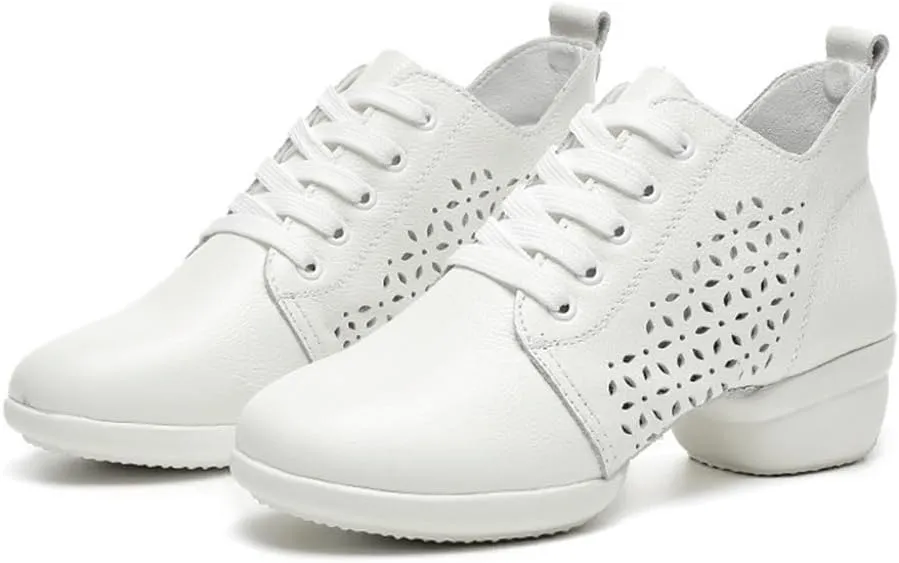 VEACAM Women Fashion Jazz Sneakers Comfort Wedge Platform Leather Dancing Shoes Lace-Up Ballroom Dance Trainers