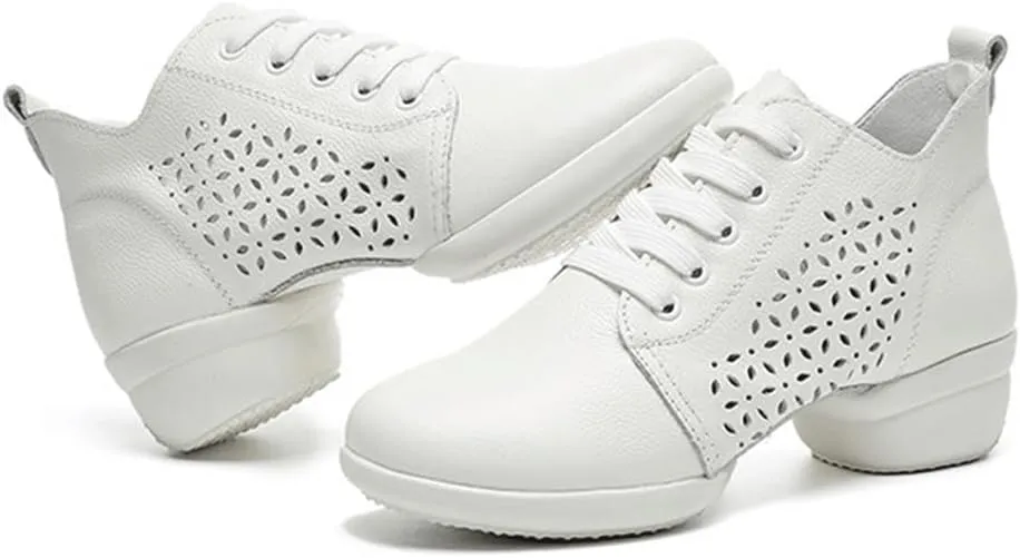 VEACAM Women Fashion Jazz Sneakers Comfort Wedge Platform Leather Dancing Shoes Lace-Up Ballroom Dance Trainers