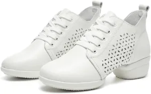 VEACAM Women Fashion Jazz Sneakers Comfort Wedge Platform Leather Dancing Shoes Lace-Up Ballroom Dance Trainers