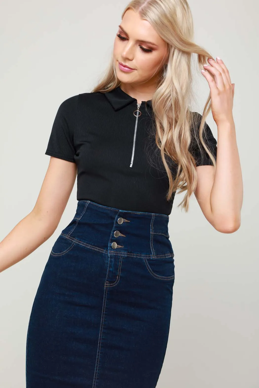 Vin Black Ribbed Short Sleeve Zip Up Bodysuit