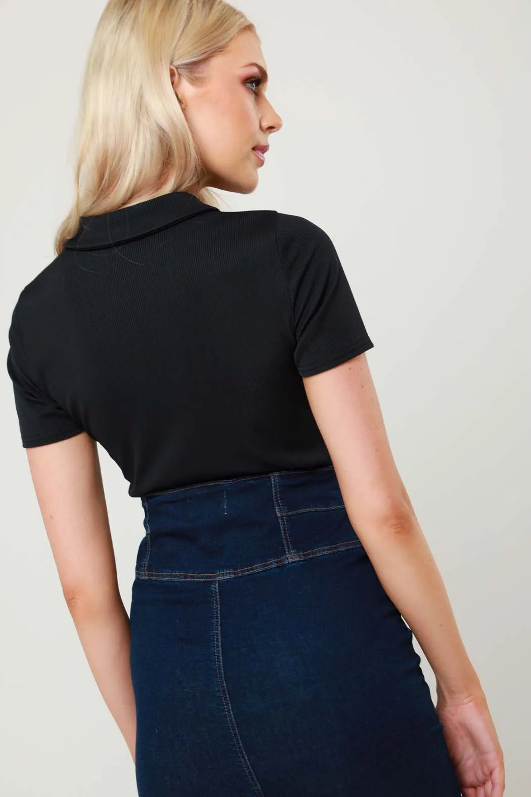 Vin Black Ribbed Short Sleeve Zip Up Bodysuit
