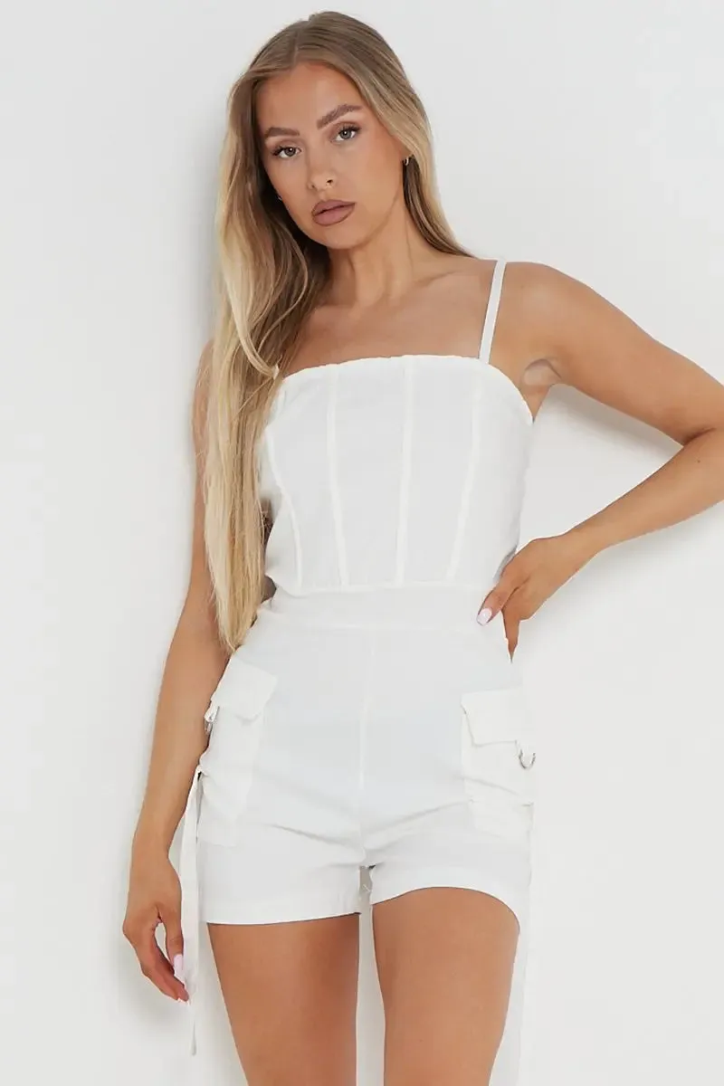 White Thin Straps Pockets Slim Playsuit