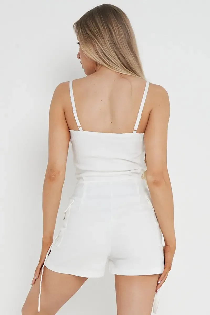 White Thin Straps Pockets Slim Playsuit