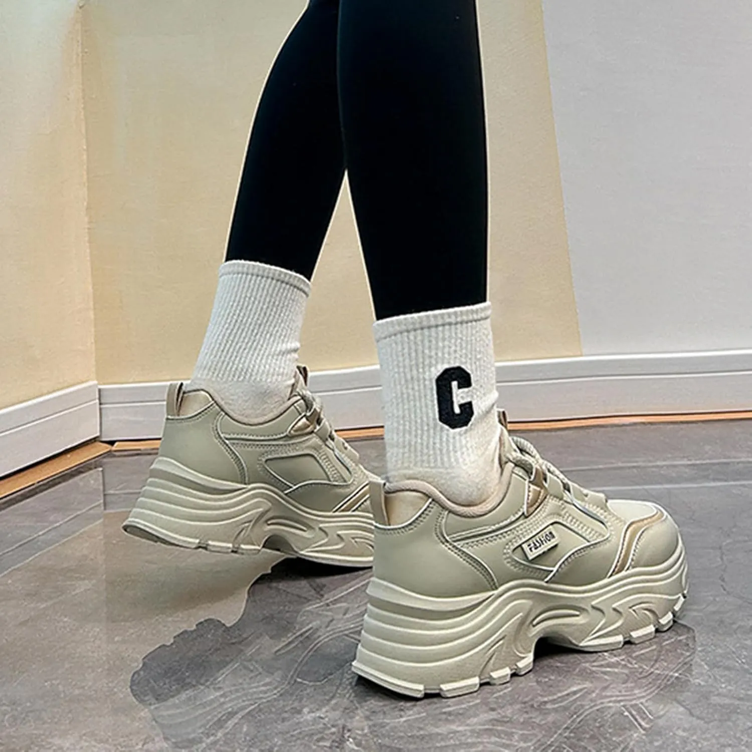 Women's Fashion Sneakers - Breathable Autumn Lace-up Casual Trainers with Lightweight Platform, Chunky Dad Shoe Design, Low-top Leather, Ideal for Sports,Grey-39