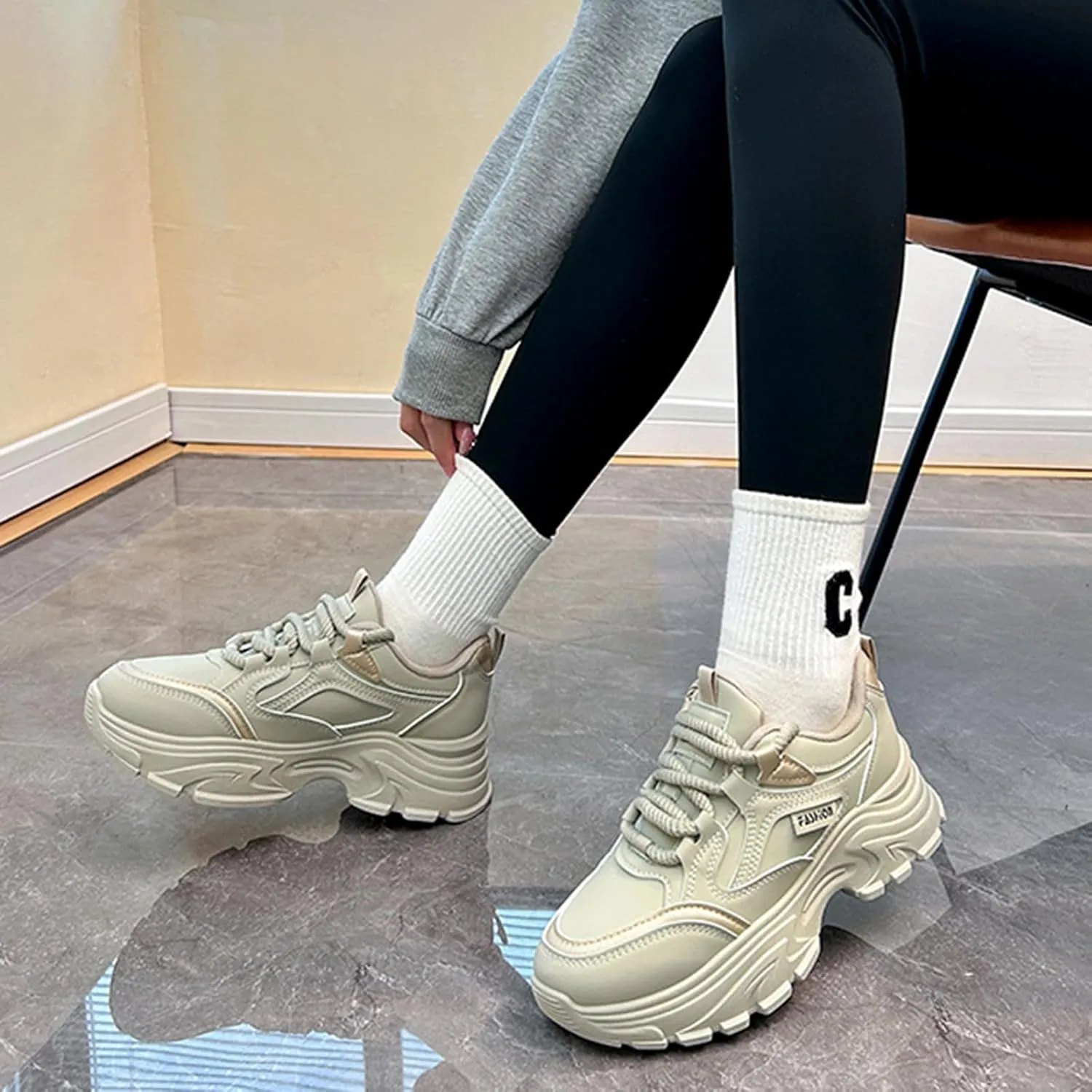 Women's Fashion Sneakers - Breathable Autumn Lace-up Casual Trainers with Lightweight Platform, Chunky Dad Shoe Design, Low-top Leather, Ideal for Sports,Grey-39
