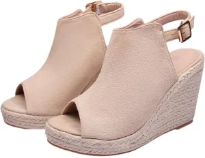 Women's large-sized thick-soled fish-mouth sandals with anti-slip straw woven hemp rope soles and one-button suede finish