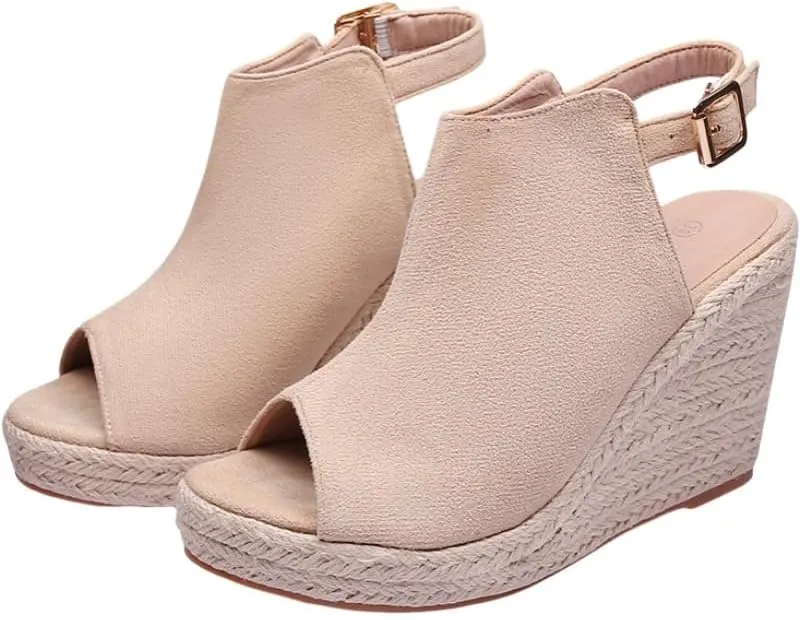 Women's large-sized thick-soled fish-mouth sandals with anti-slip straw woven hemp rope soles and one-button suede finish