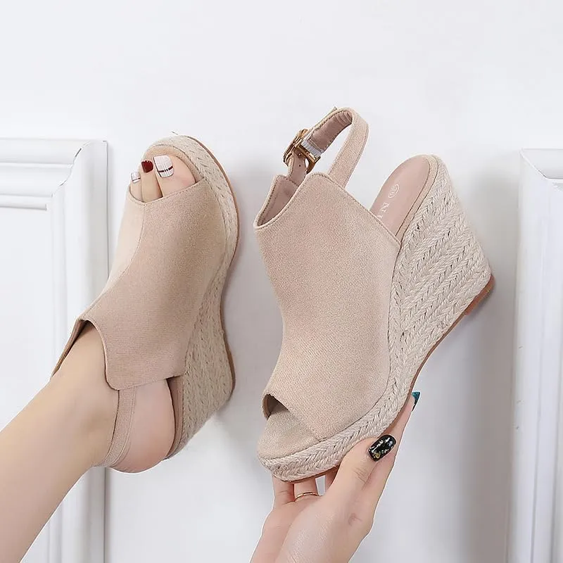 Women's large-sized thick-soled fish-mouth sandals with anti-slip straw woven hemp rope soles and one-button suede finish