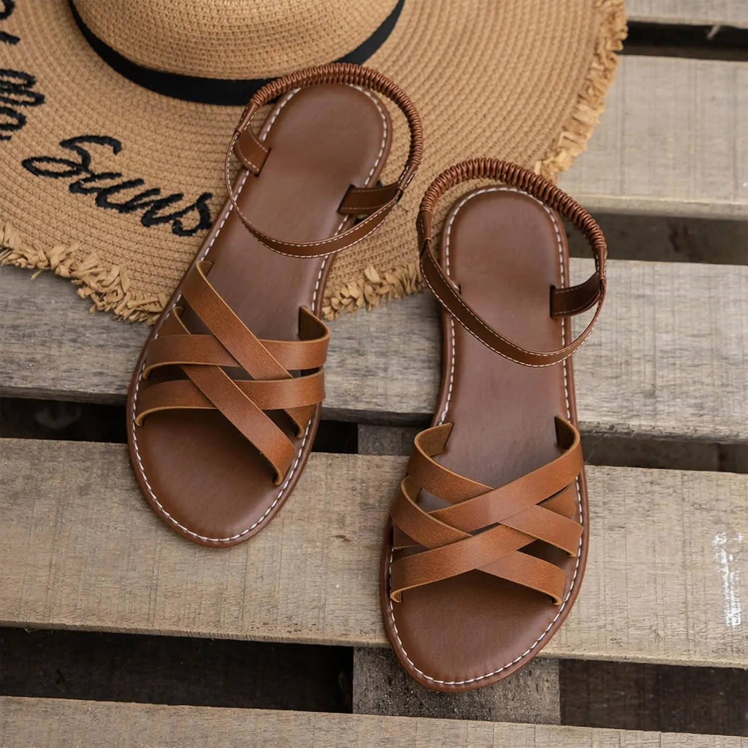ZSpzx Women Flats Sandals,Indoor/Outdoor Elastic Ankle Strap Walking Footwear Summer Beach Vacation Slippers Comfortable Non-Slip Peep Toe Slip-On Slides Indoor/Outdoor Soft Sole Daily Casual Shoe