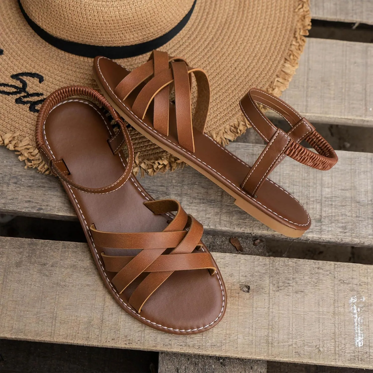 ZSpzx Women Flats Sandals,Indoor/Outdoor Elastic Ankle Strap Walking Footwear Summer Beach Vacation Slippers Comfortable Non-Slip Peep Toe Slip-On Slides Indoor/Outdoor Soft Sole Daily Casual Shoe