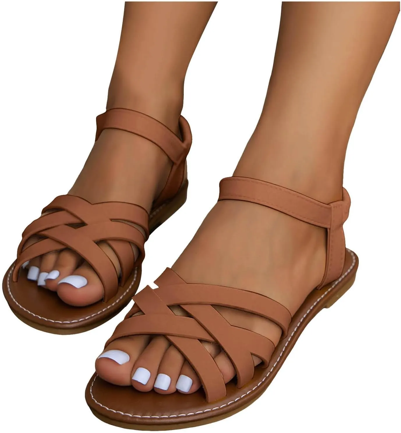 ZSpzx Women Flats Sandals,Indoor/Outdoor Elastic Ankle Strap Walking Footwear Summer Beach Vacation Slippers Comfortable Non-Slip Peep Toe Slip-On Slides Indoor/Outdoor Soft Sole Daily Casual Shoe
